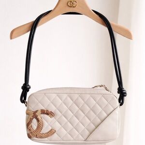 CHANEL White and Brown Quilted Shoulder Bag